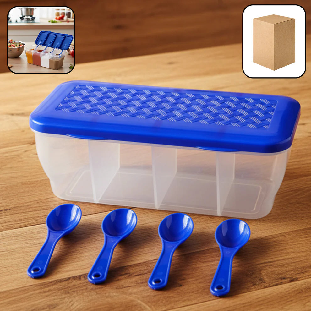 Kitchen Multipurpose Air-tight 4 Sections Storage Containers  Pickle (Achar) Jar With 4 Spoon For Each Section (1 Pc  Mix Color) - 5578