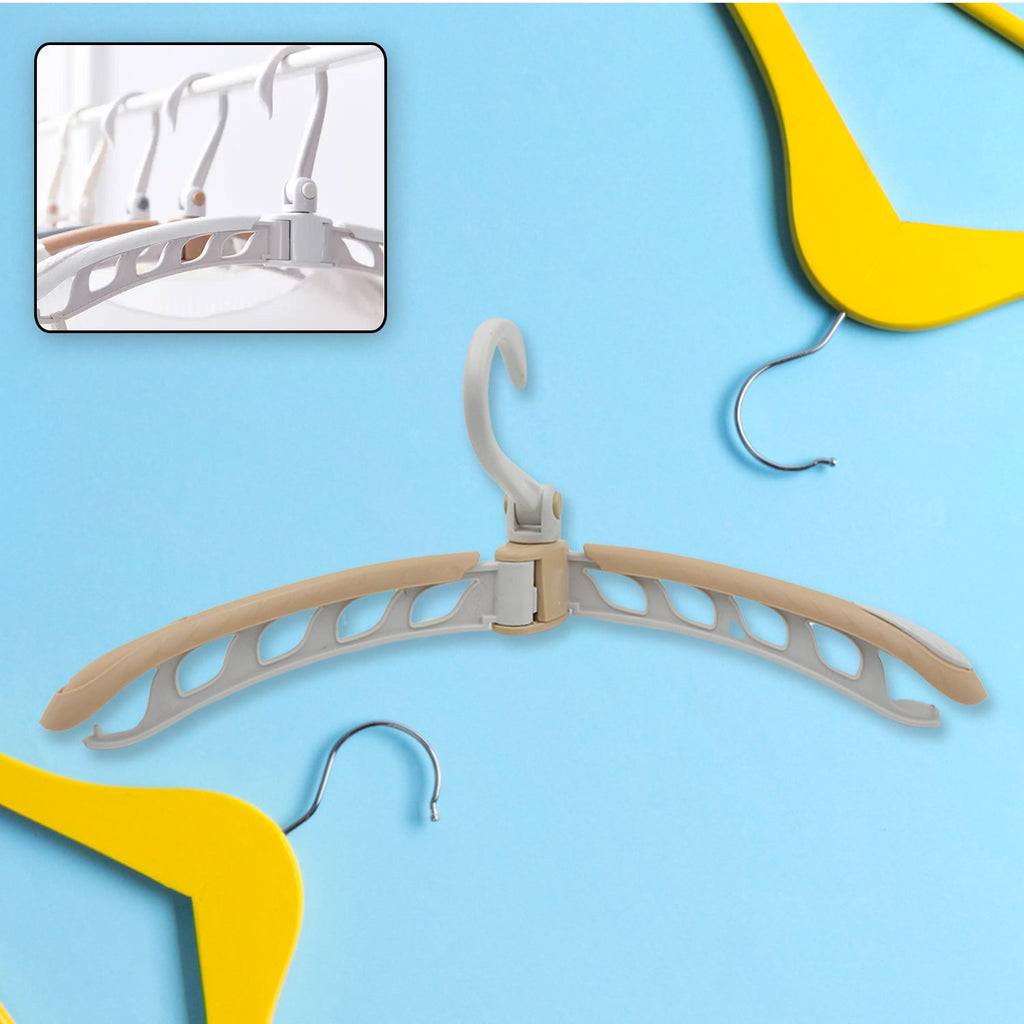 A beige and white folding hanger on a blue background, with an inset showing multiple hangers on a rack. Yellow hanger parts