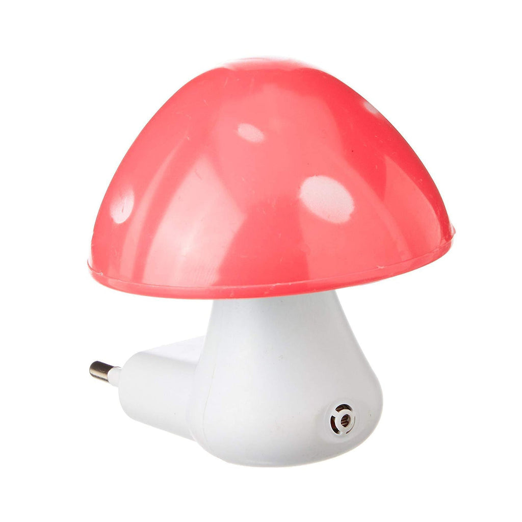 A red and white mushroom-shaped night light with a two-pin plug is shown on a plain white background.