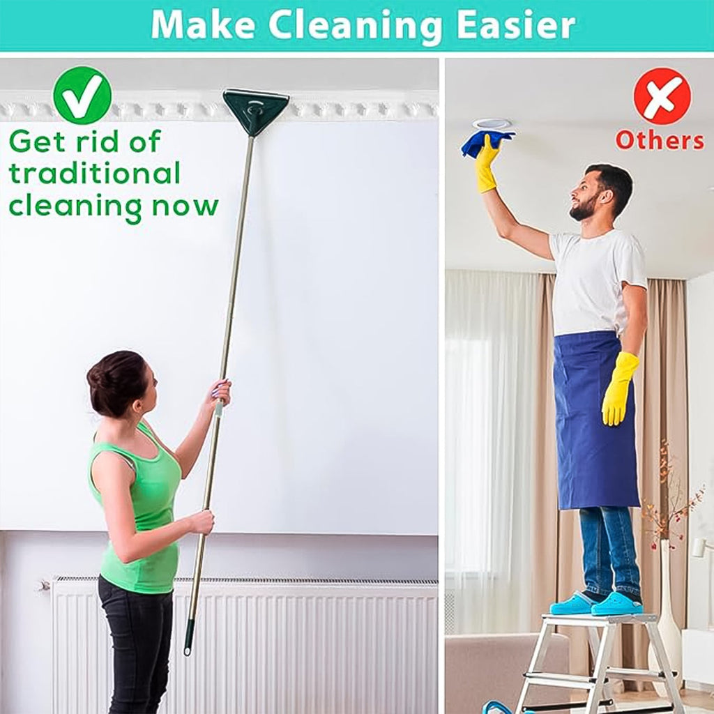 A woman cleans a wall with the green triangle mop, contrasting with a man struggling to clean a ceiling on a ladder.