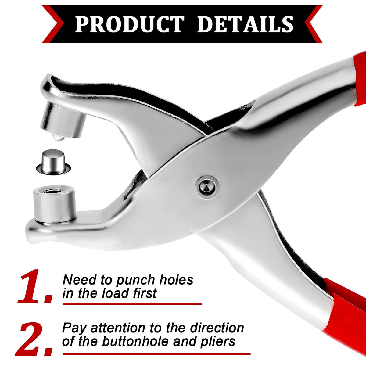 Close-up of the red-handled grommet pliers with text describing product details and instructions.
