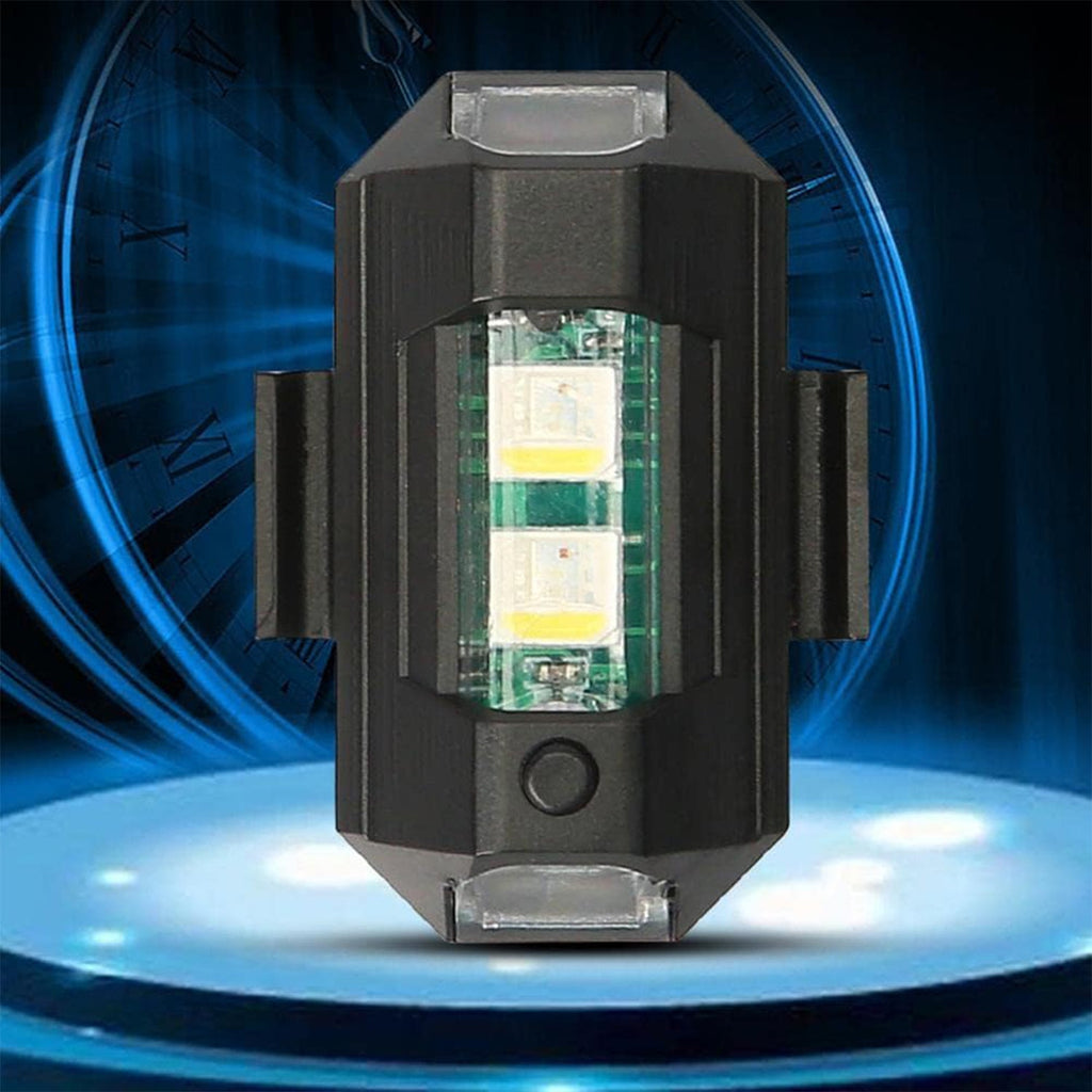 Black LED strobe light with two bright white lights on a glowing blue circular platform with a clock background.