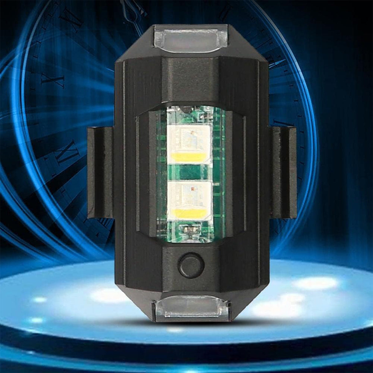 Black LED strobe light with two bright white lights on a glowing blue circular platform with a clock background.