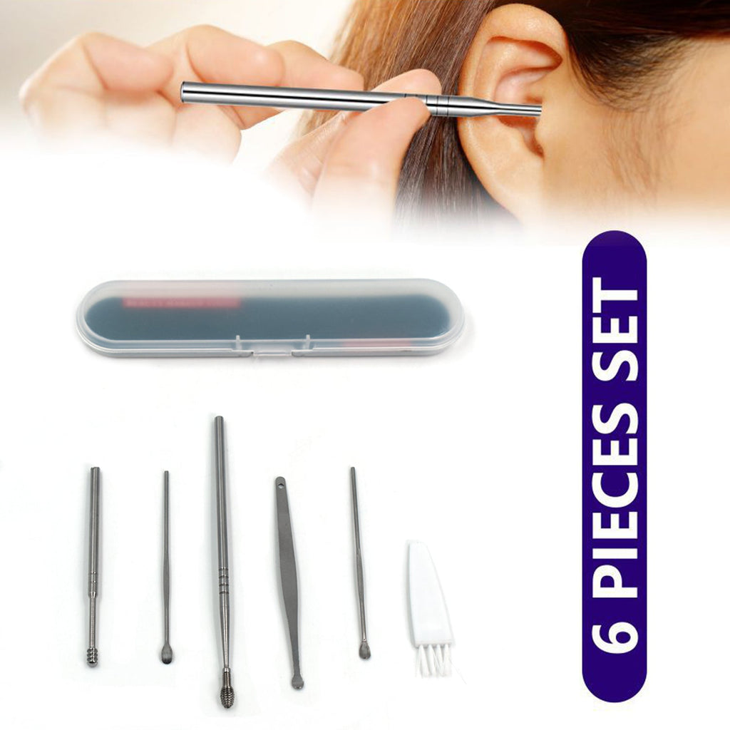 The 6-piece silver ear cleaning kit with a clear case and a vertical purple banner stating "6 PIECES SET".