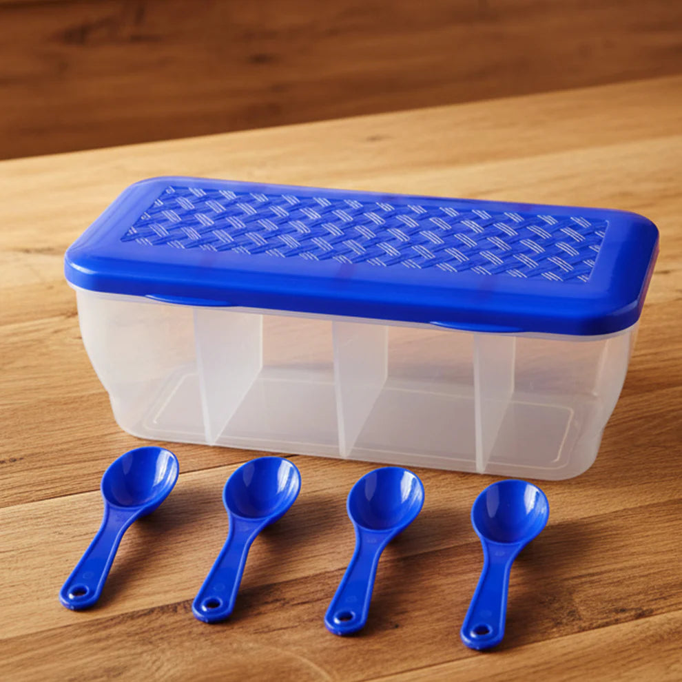 Kitchen Multipurpose Air-tight 4 Sections Storage Containers  Pickle (Achar) Jar With 4 Spoon For Each Section (1 Pc  Mix Color) - 5578