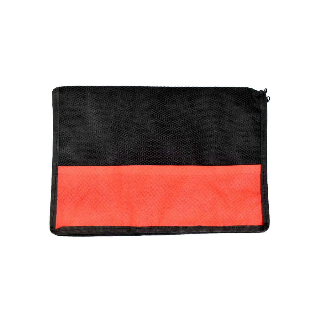 A black and red mesh laptop sleeve with a zipper lies flat on a white background.