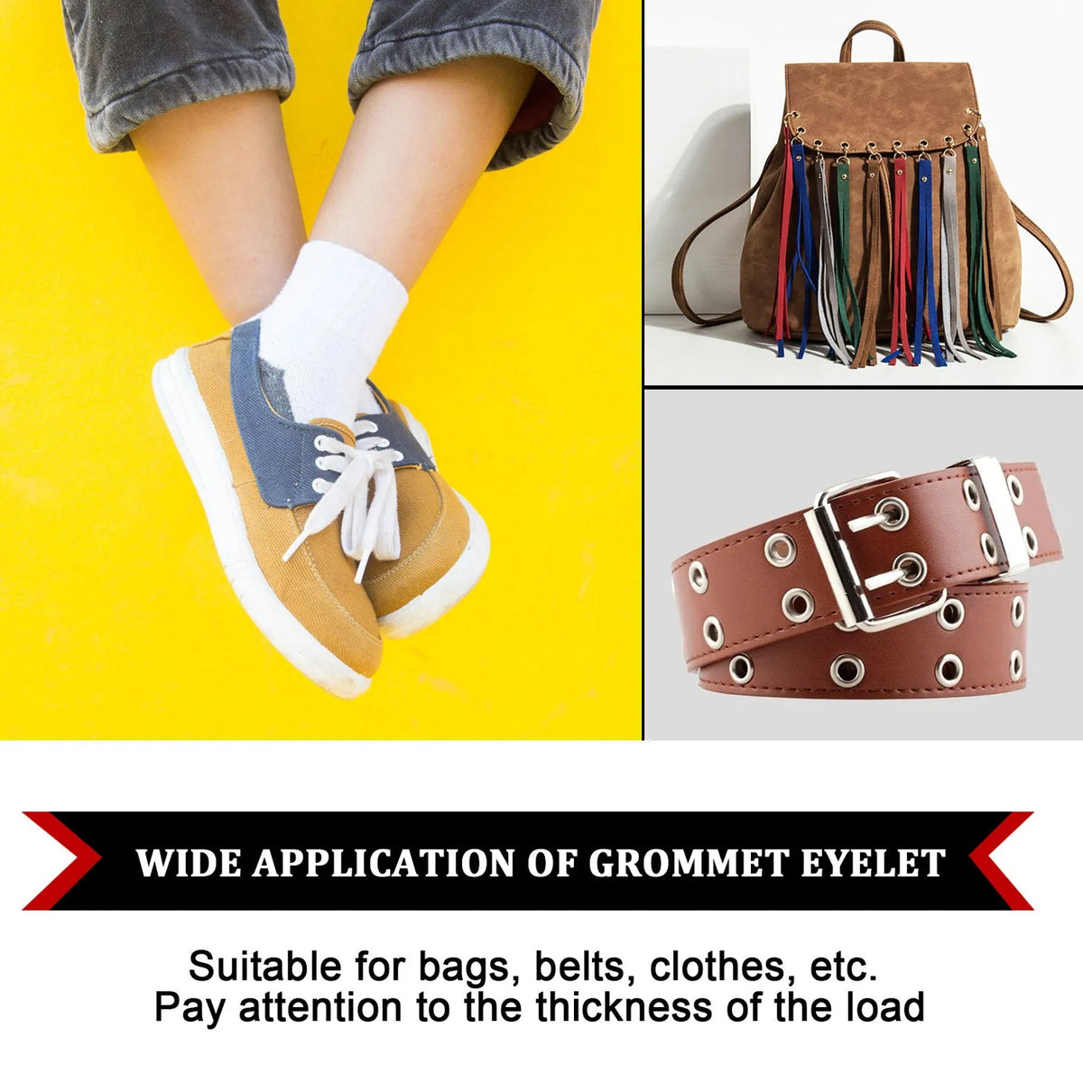 Collage showing a person's feet in shoes, a brown fringed backpack, and a brown belt with many eyelets.