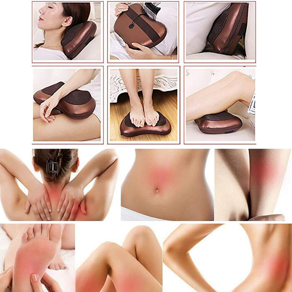 A grid of six images showing the brown massage pillow used on various body parts like neck, back, feet, and legs.