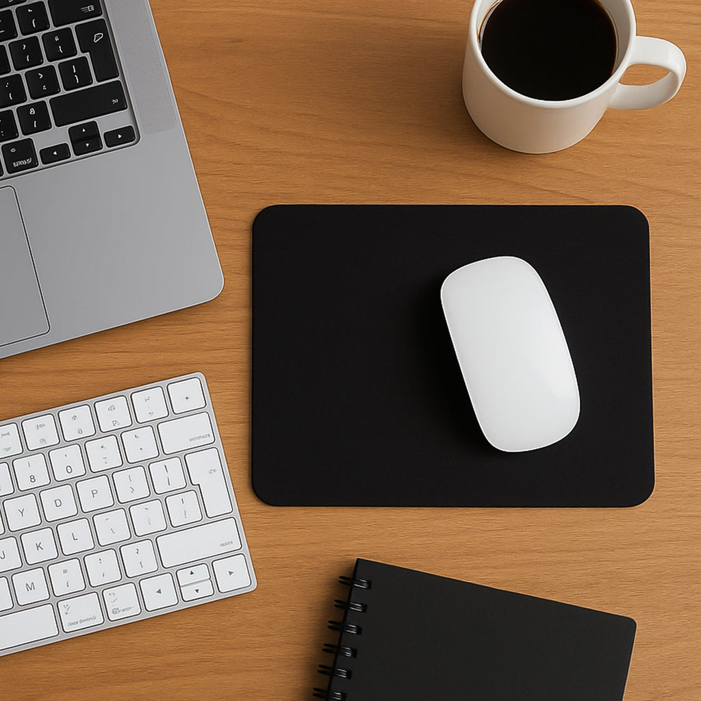An overhead view of a black mouse pad with a white mouse, laptop, keyboard, coffee, and notebook.