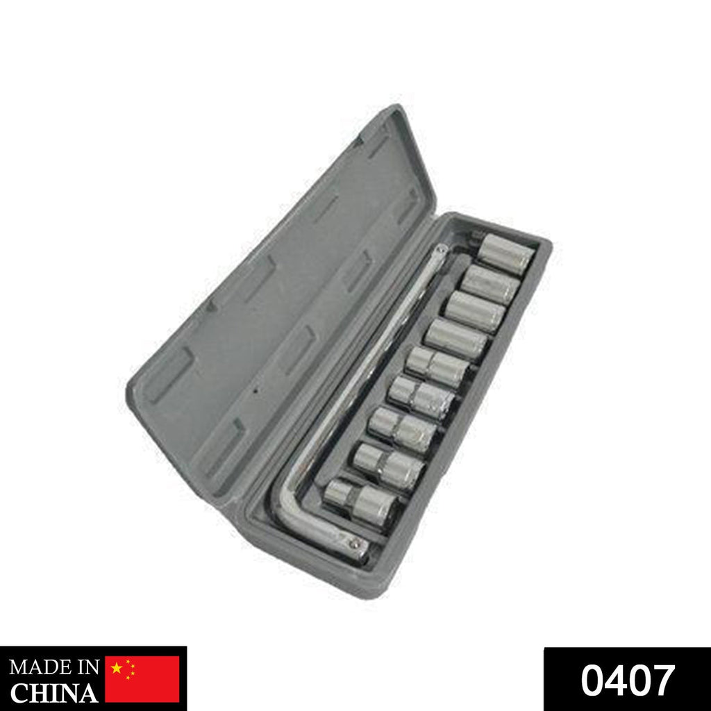An open grey plastic case displays a 10-piece chrome socket wrench set on a white background.