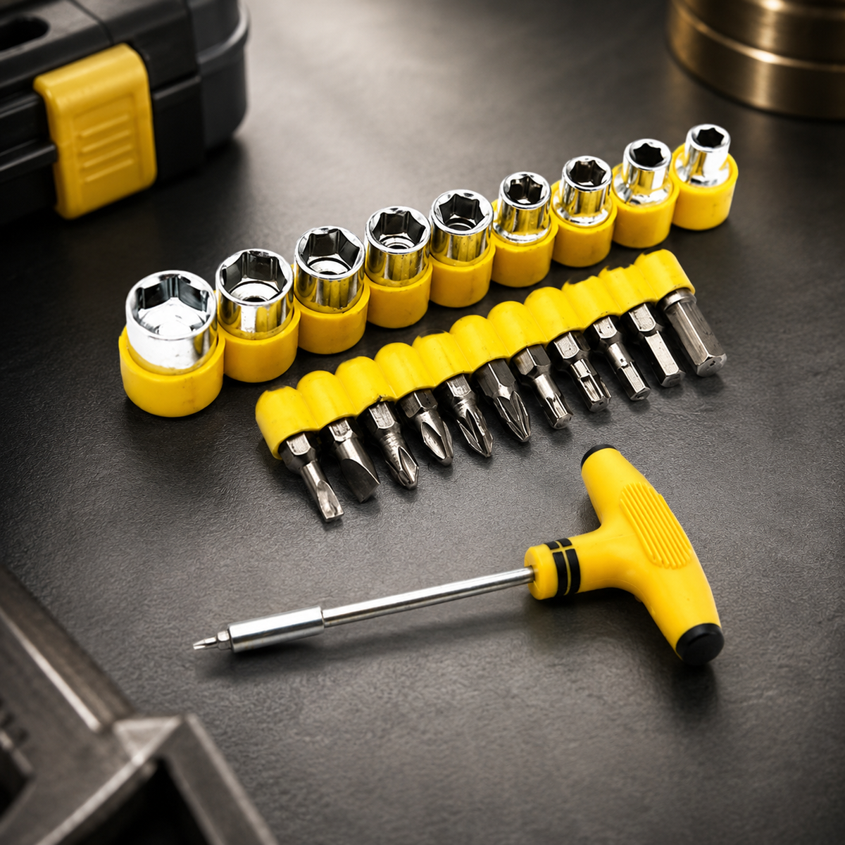 A 21-piece T-shape ratchet socket set with yellow handles and silver bits, on a dark background.