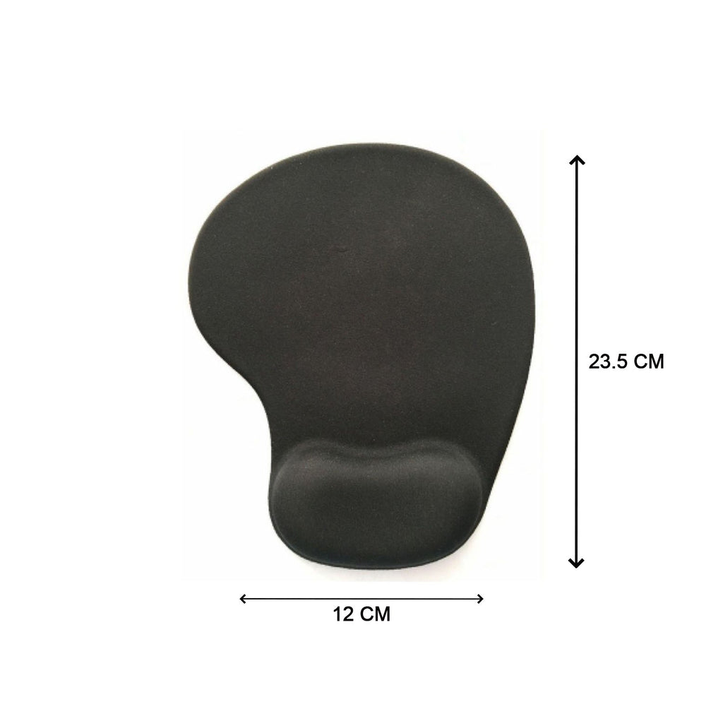 A black ergonomic mouse pad with wrist support, showing dimensions of 23.5 cm length and 12 cm width.
