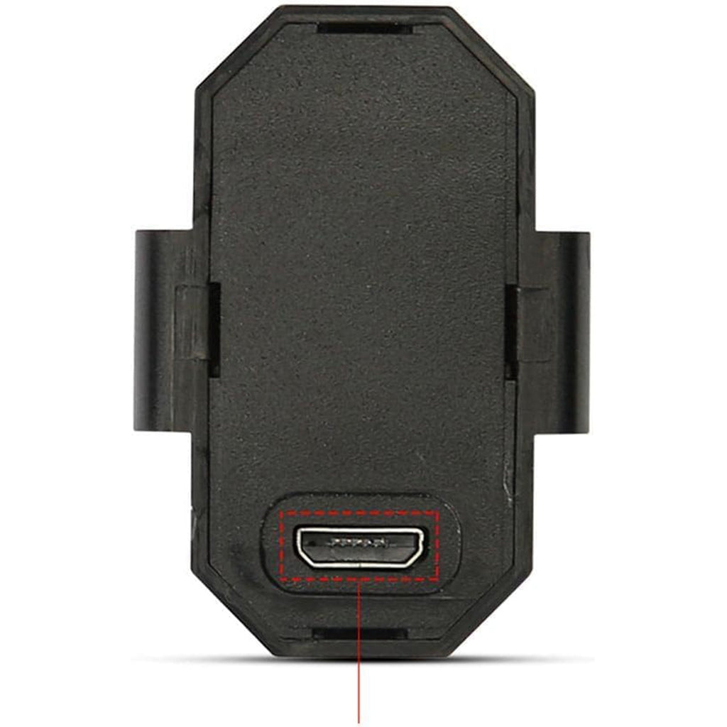 Close-up of the bottom of the black LED strobe light, highlighting the micro USB charging port.