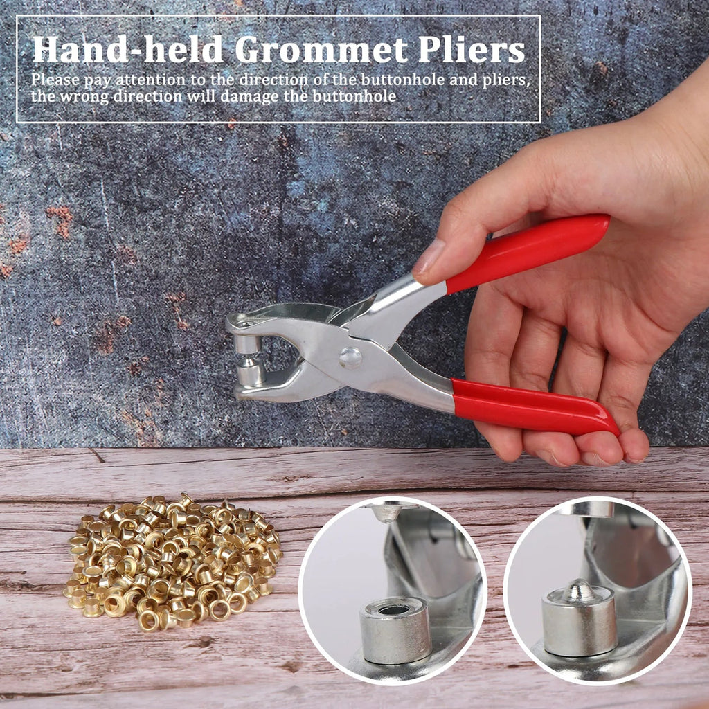 A hand holding red-handled grommet pliers over a pile of gold eyelets, with two circular insets showing pliers detail.