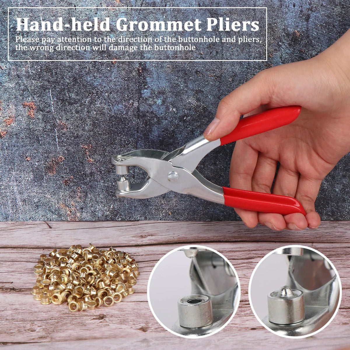 A hand holding red-handled grommet pliers over a pile of gold eyelets, with two circular insets showing pliers detail.