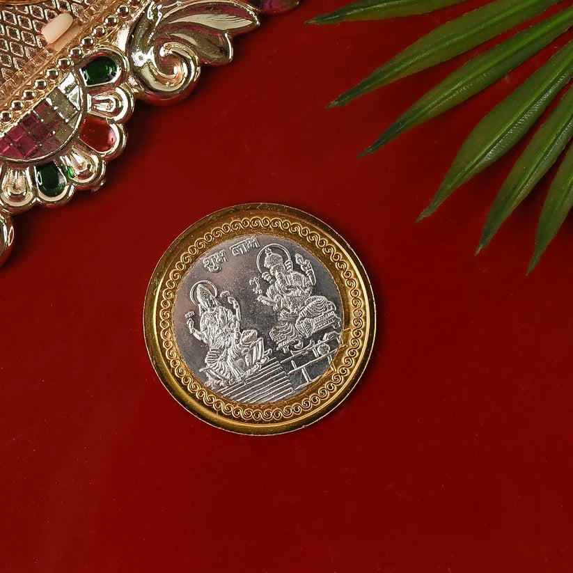 Premium Gold  Silver Dual-tone Religious Coin With Lakshmi Ganesh Design