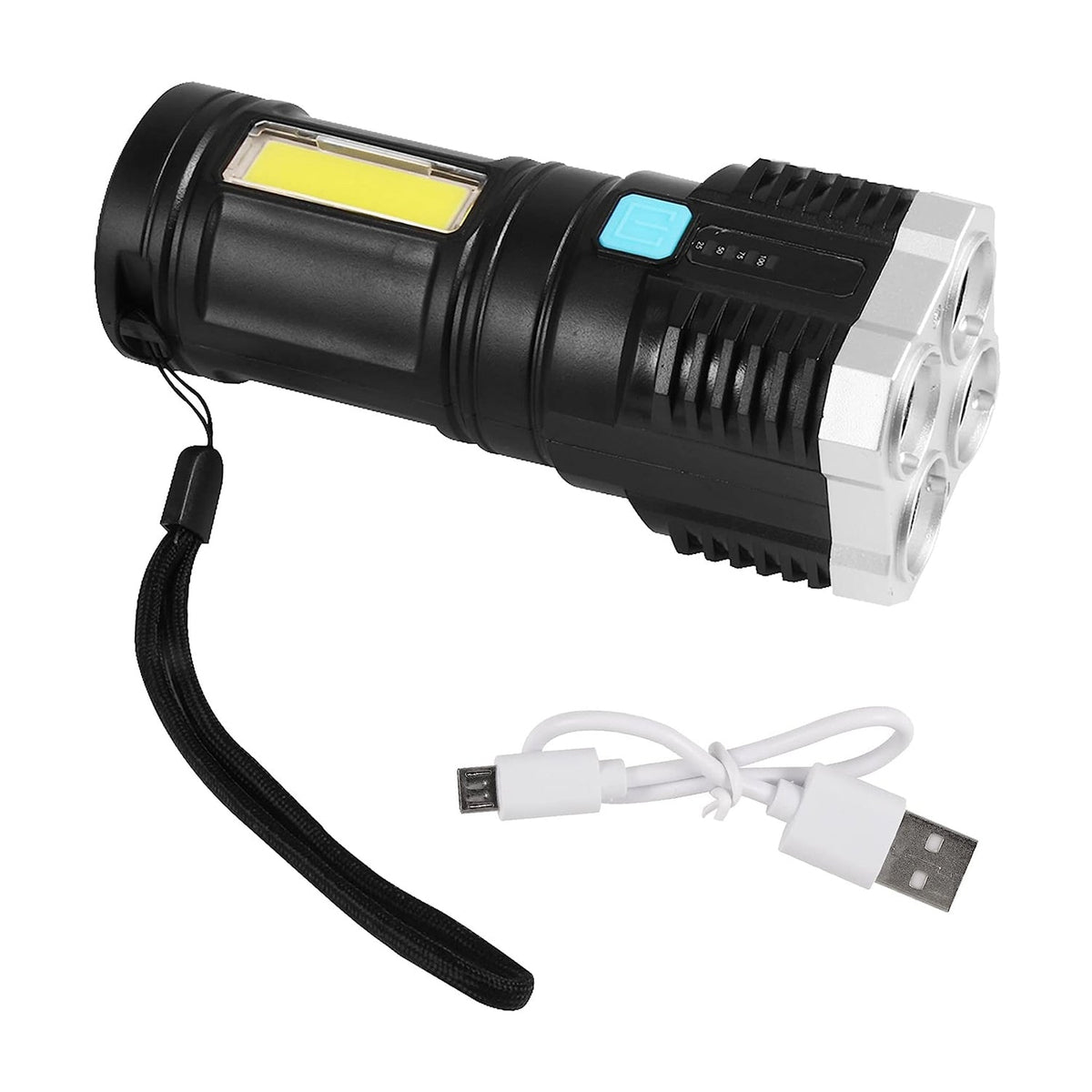 Black and silver flashlight with a wrist strap and a white USB charging cable, displayed on a plain white background.