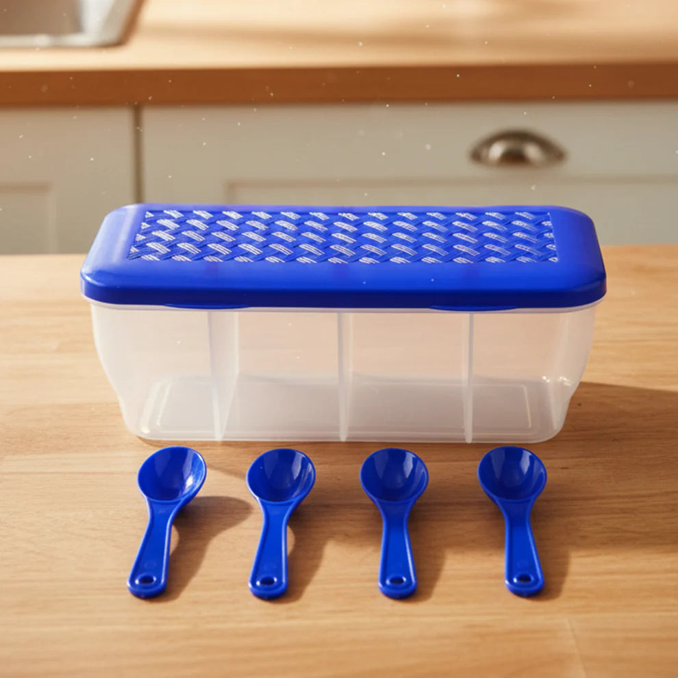 Kitchen Multipurpose Air-tight 4 Sections Storage Containers  Pickle (Achar) Jar With 4 Spoon For Each Section (1 Pc  Mix Color) - 5578