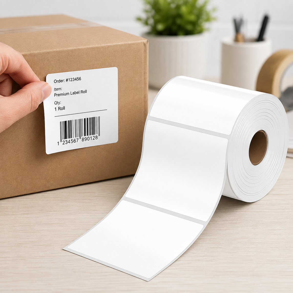 A hand applies a white shipping label with a barcode to a brown cardboard box next to a large roll of labels.