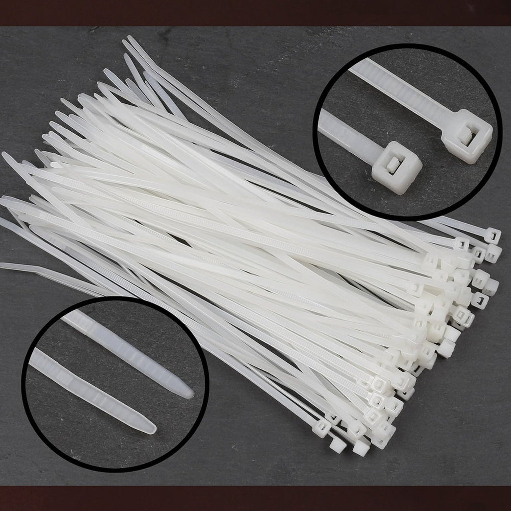 A pile of white nylon cable ties on a dark background, with insets showing close-ups of the locking head and tapered end.