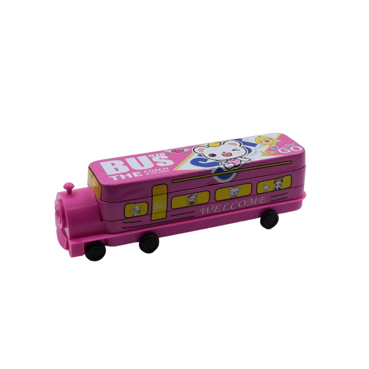 Pink bus pencil case with a cartoon bear on top, shown from an angled side view on a white background.