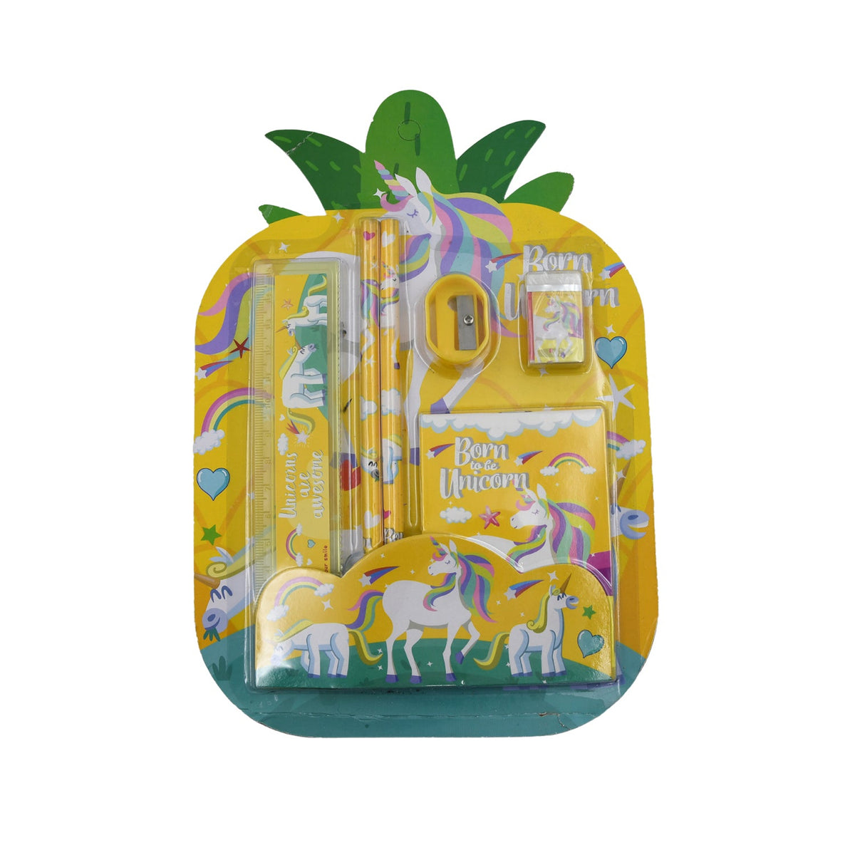 A yellow unicorn-themed stationery set in pineapple-shaped packaging, featuring pencils, a ruler, sharpener, eraser, and