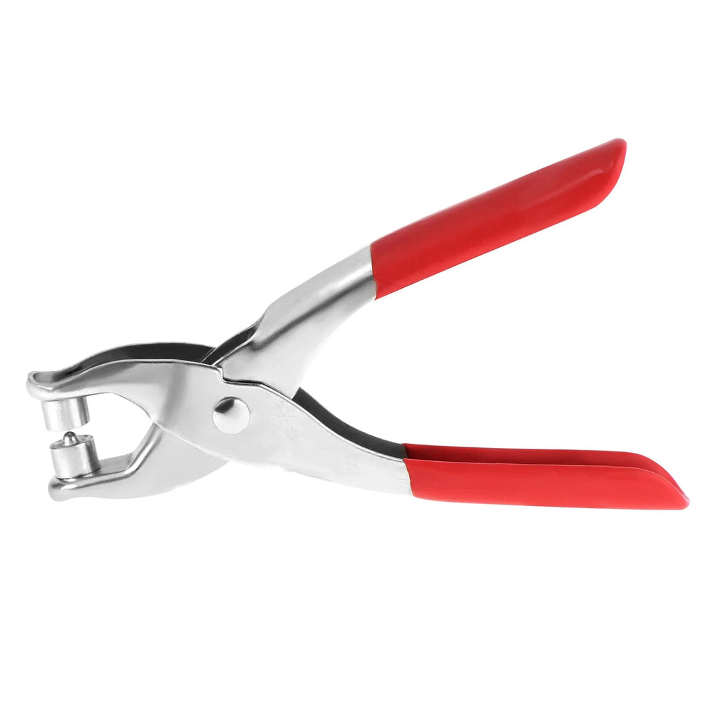 Red-handled grommet pliers with silver metal parts on a white background.