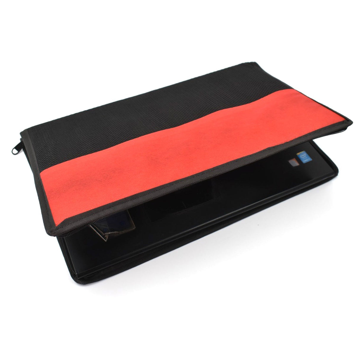 A black laptop is partially visible inside an open black and red laptop sleeve on a white background.