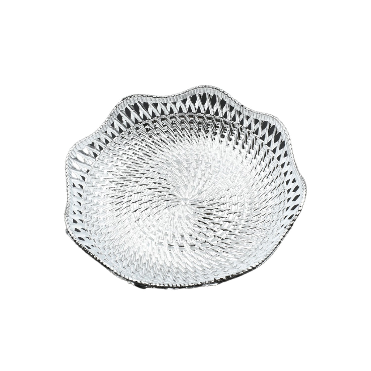 A silver plastic scalloped serving bowl with a textured bottom is centered on a white background.