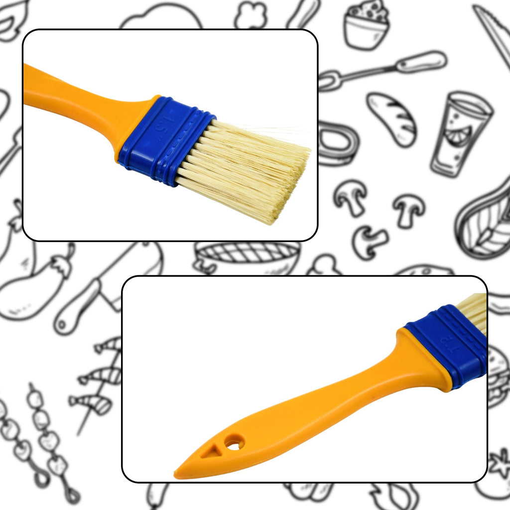 Close-up views of the yellow and blue basting brush, showing the bristles and the handle with a hanging hole.