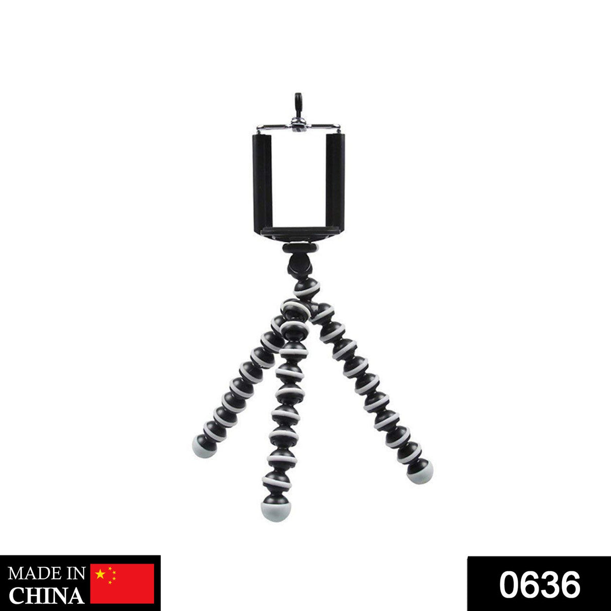 A black and white flexible tripod with a phone mount on a white background, with a "Made in China" label and the number 0636.