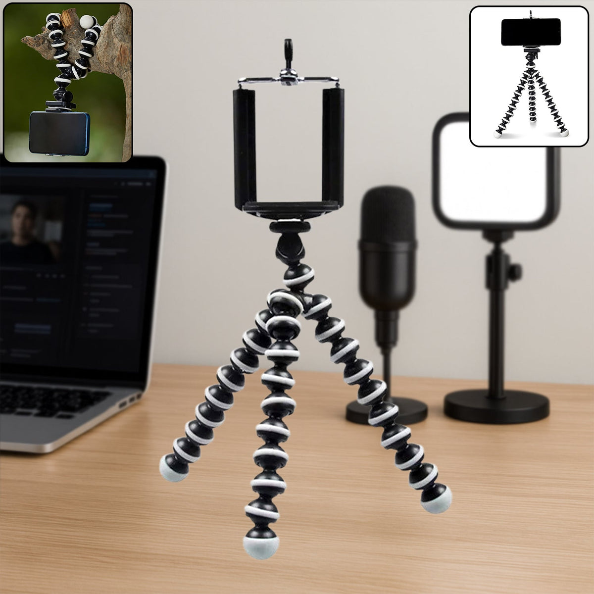 A black and white flexible tripod with a phone mount on a desk, with a laptop, microphone, and light, and an inset of the
