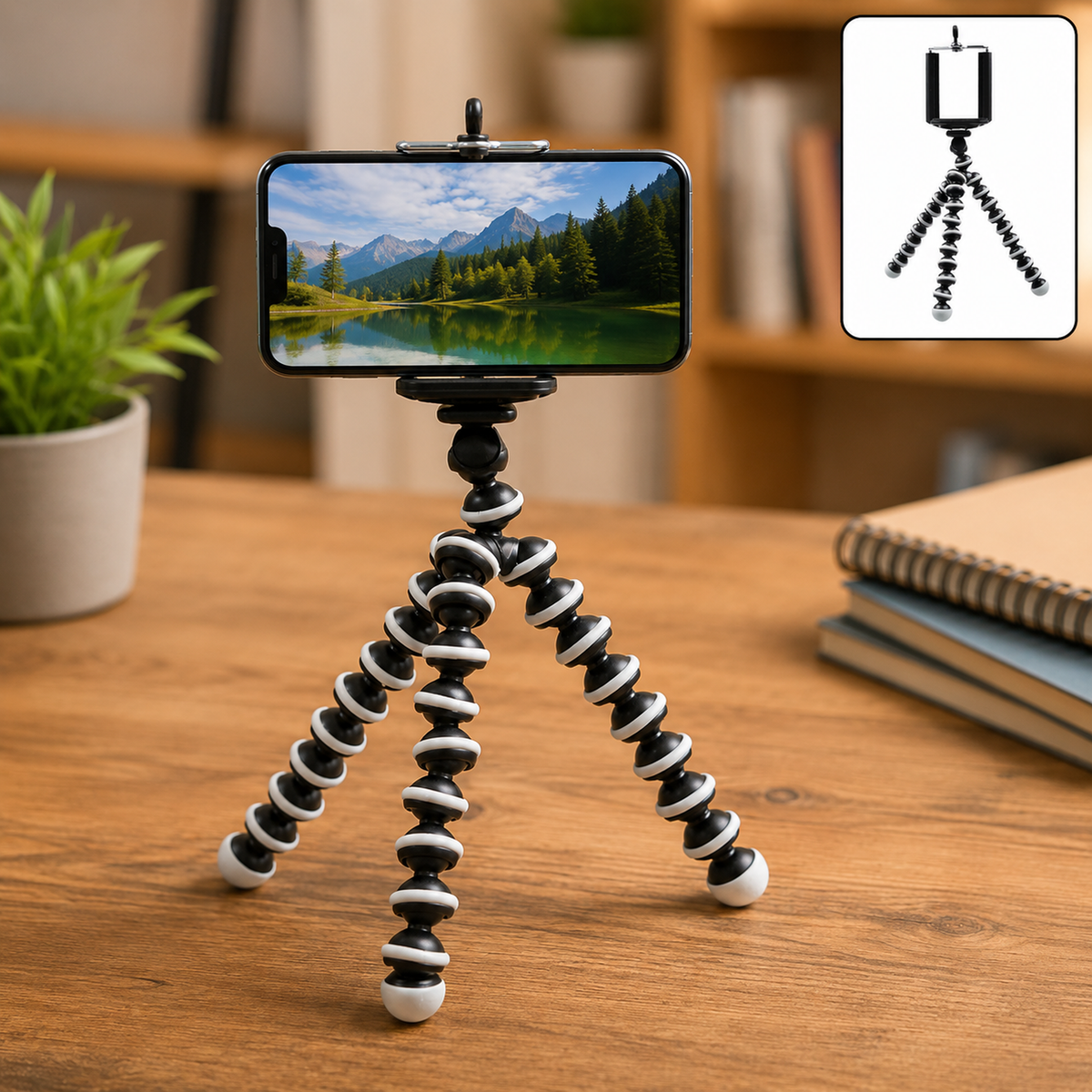 A black and white flexible tripod holding a smartphone displaying a landscape scene, with a smaller inset showing the tripod