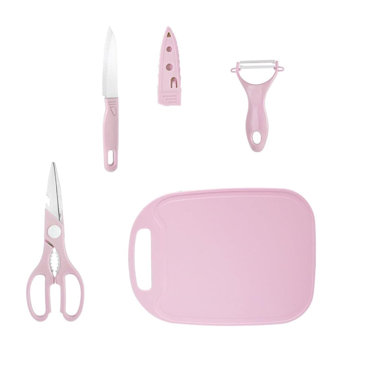 A pink knife, its sheath, a peeler, and scissors are neatly arranged around a pink cutting board on a white background.