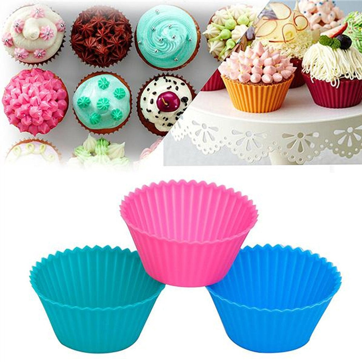Three colorful silicone cupcake molds (pink, teal, blue) are arranged below a collage of decorated cupcakes.