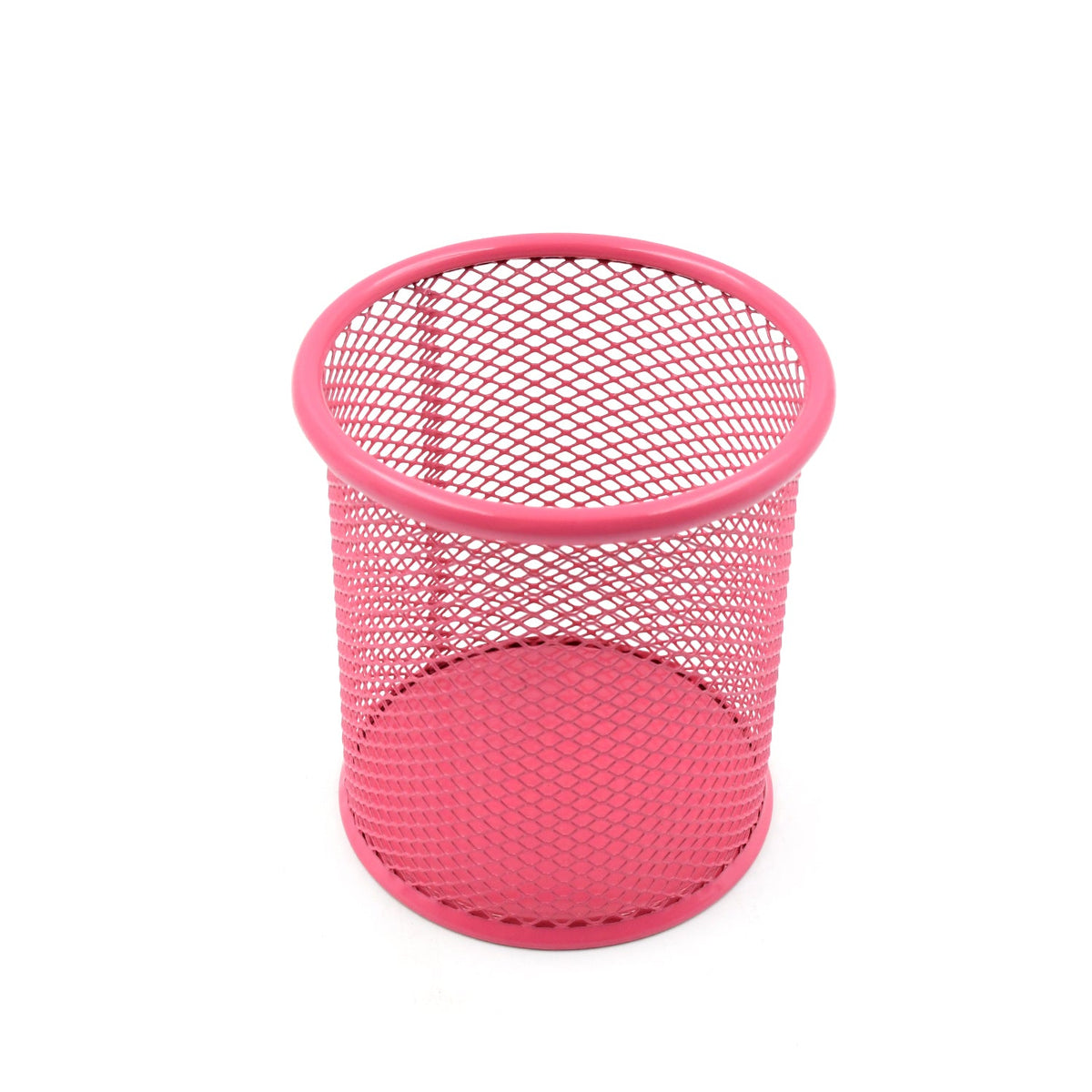 A single pink metal mesh pen holder is shown empty on a plain white background.