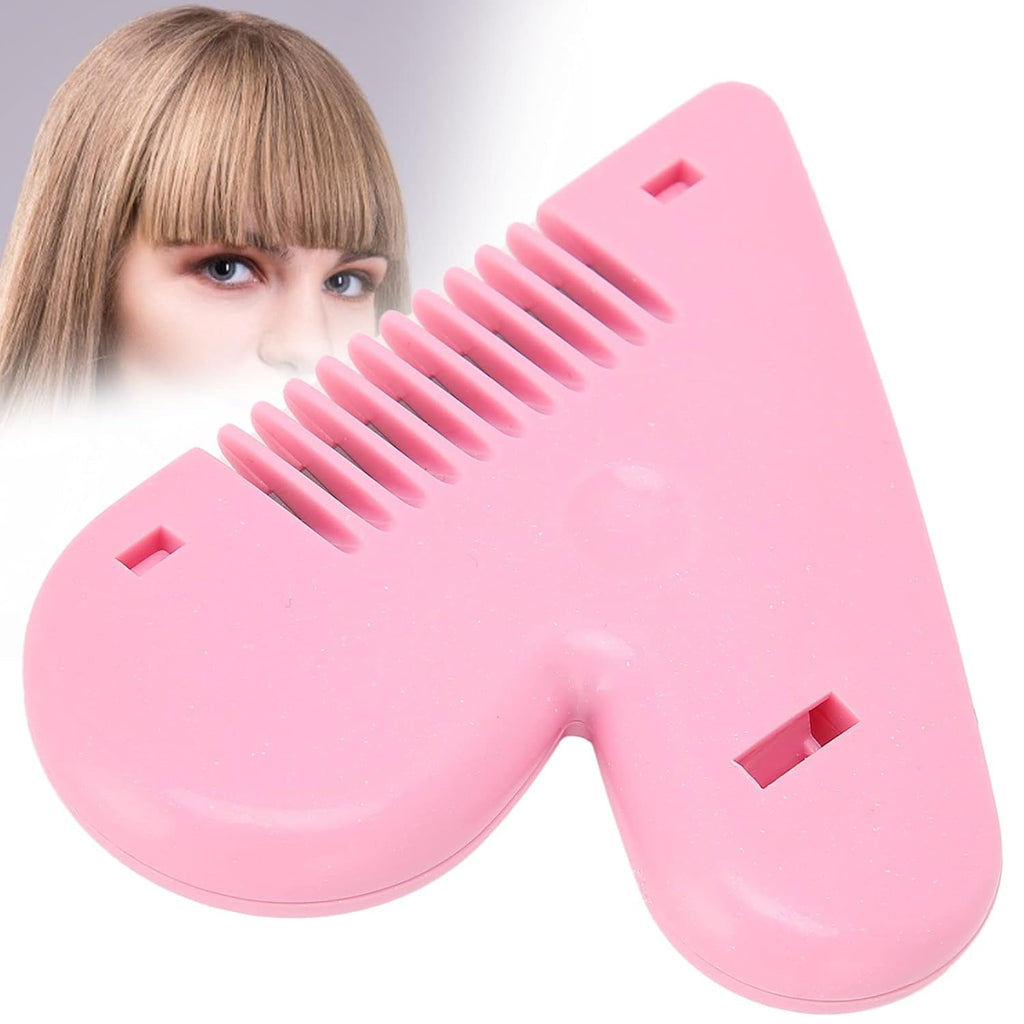 A pink heart-shaped hair thinning razor comb with a woman's face with bangs in the background.