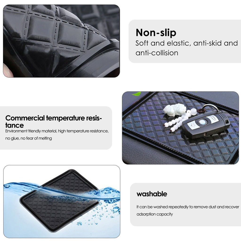 A collage of images and text highlighting the mat's non-slip, temperature-resistant, and washable features