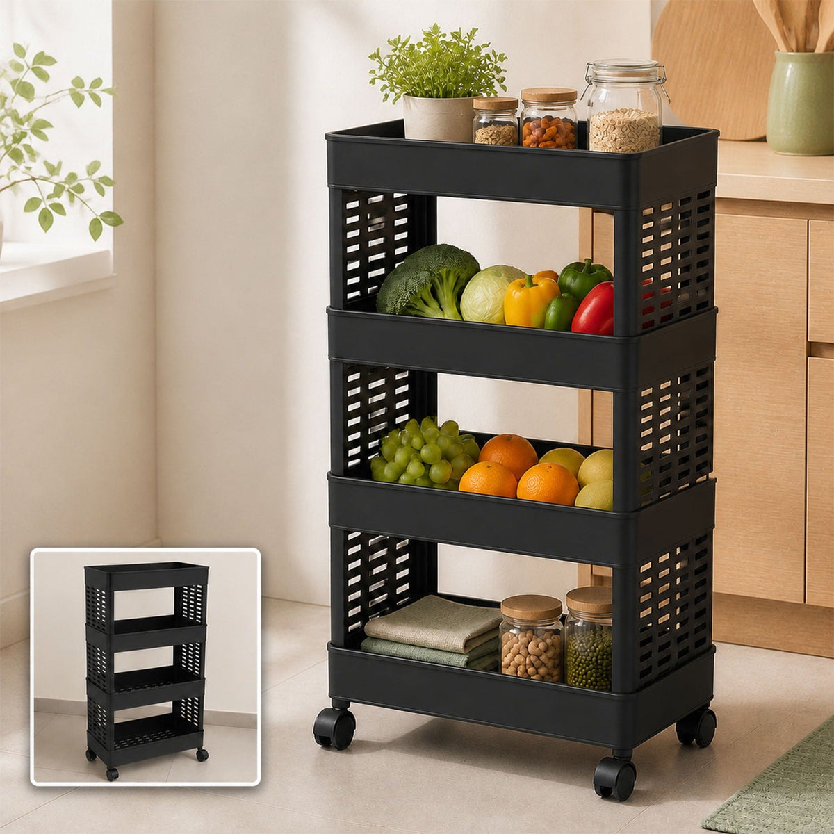 A black four-tier plastic utility trolley on wheels, filled with produce and jars, sits in a kitchen setting with a small