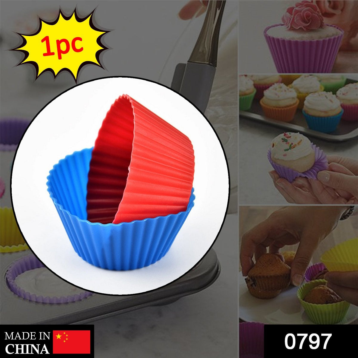 A collage shows red and blue silicone molds, cupcakes in various molds, and a "1pc" label.