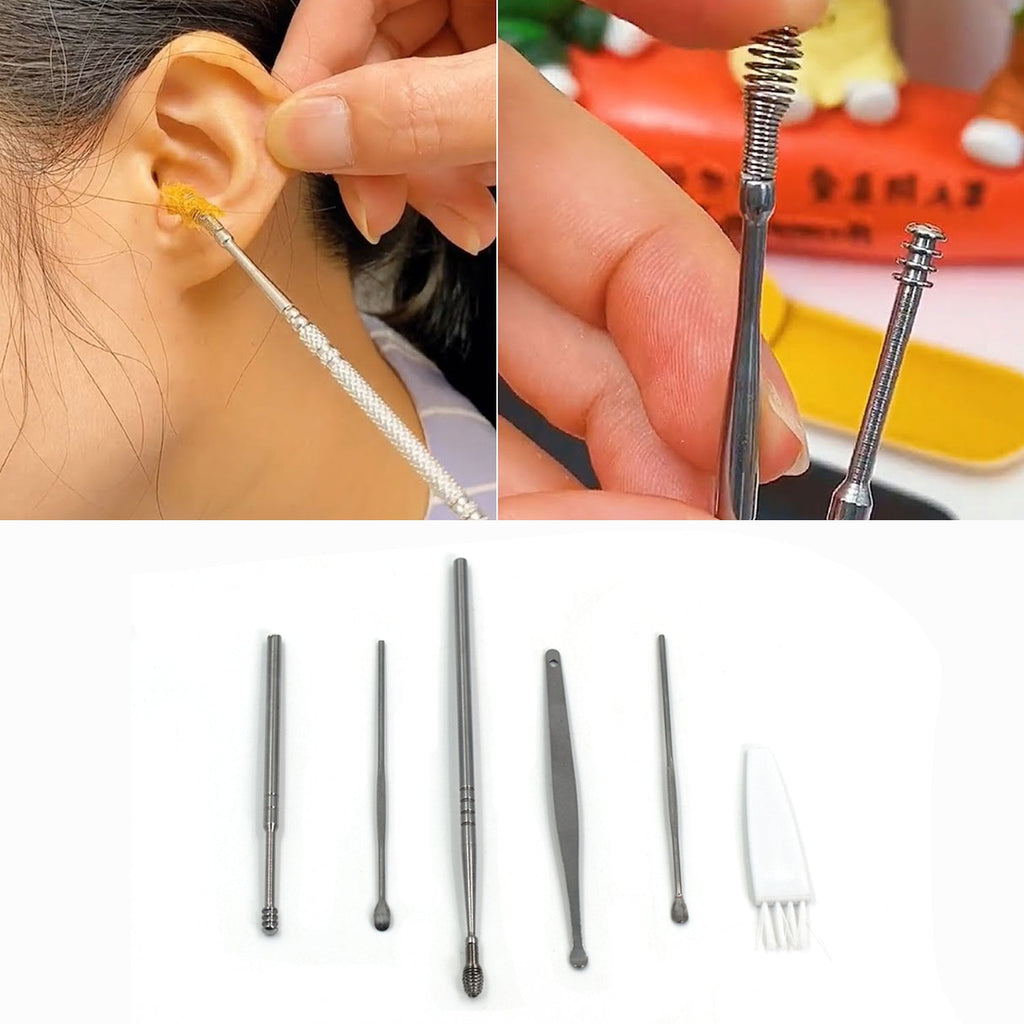 Two split images: a person using a silver ear cleaner, and a close-up of two spiral-tipped tools.