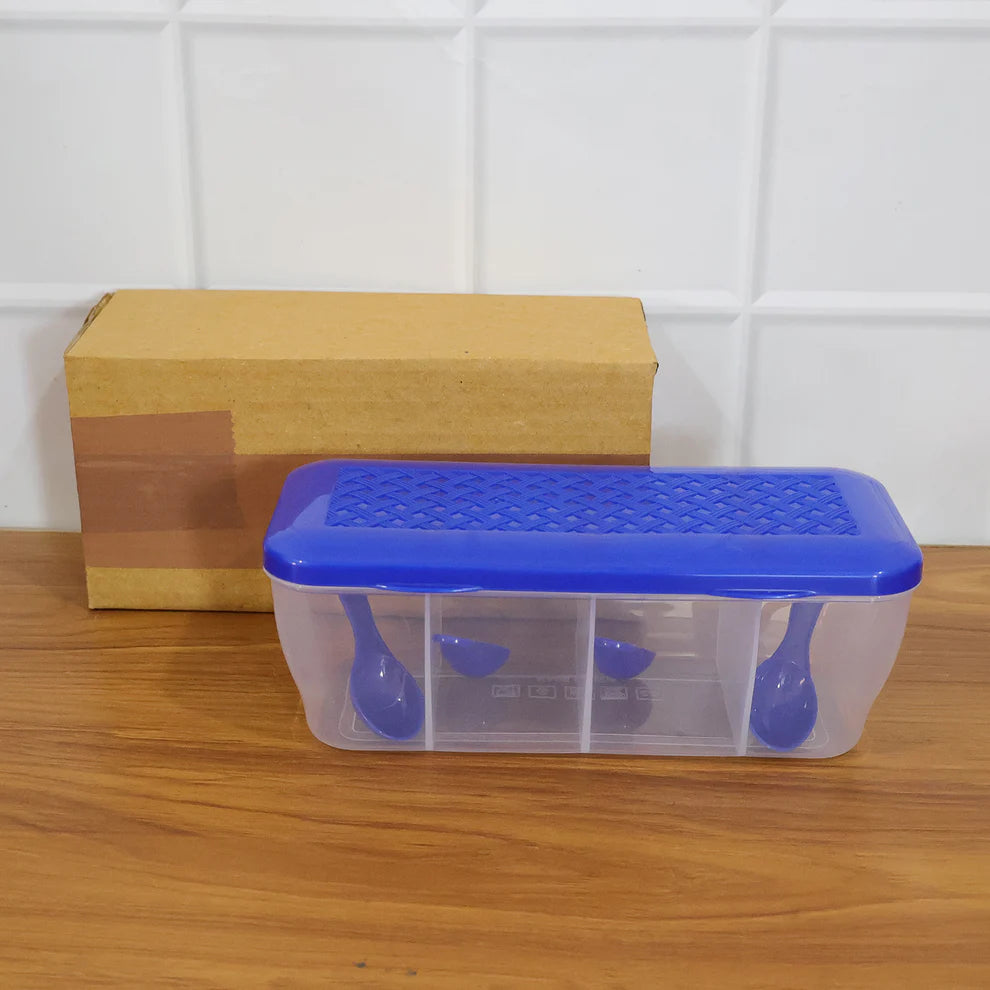 Kitchen Multipurpose Air-tight 4 Sections Storage Containers  Pickle (Achar) Jar With 4 Spoon For Each Section (1 Pc  Mix Color) - 5578