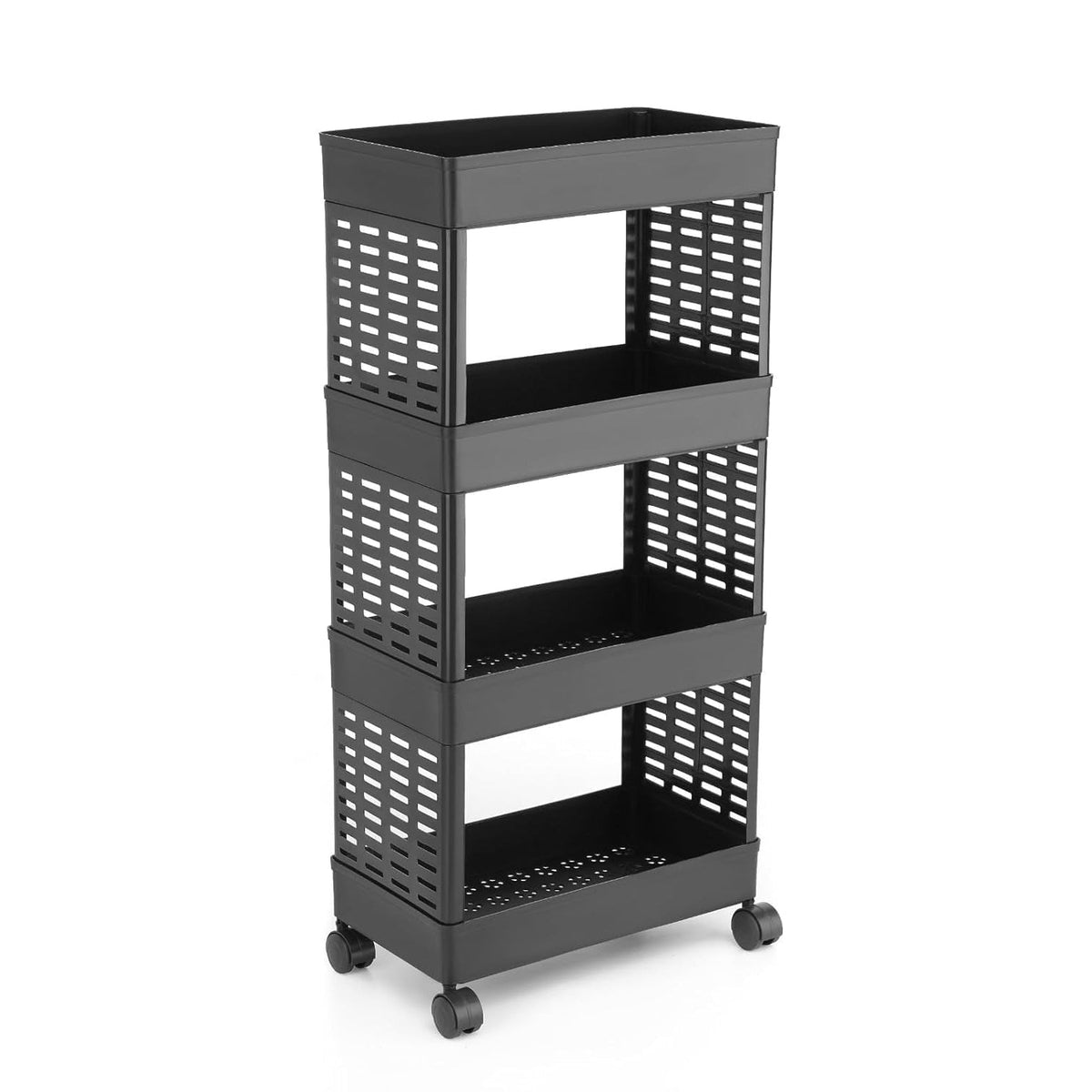 A black four-tier plastic utility trolley on wheels, empty, shown from a slightly elevated angle against a white background.