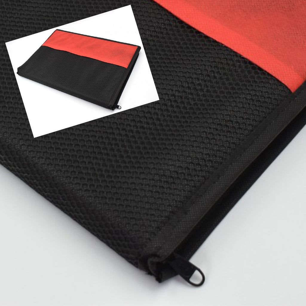 Black and red laptop holder bag with a laptop inside, demonstrating ease of use and secure storage.