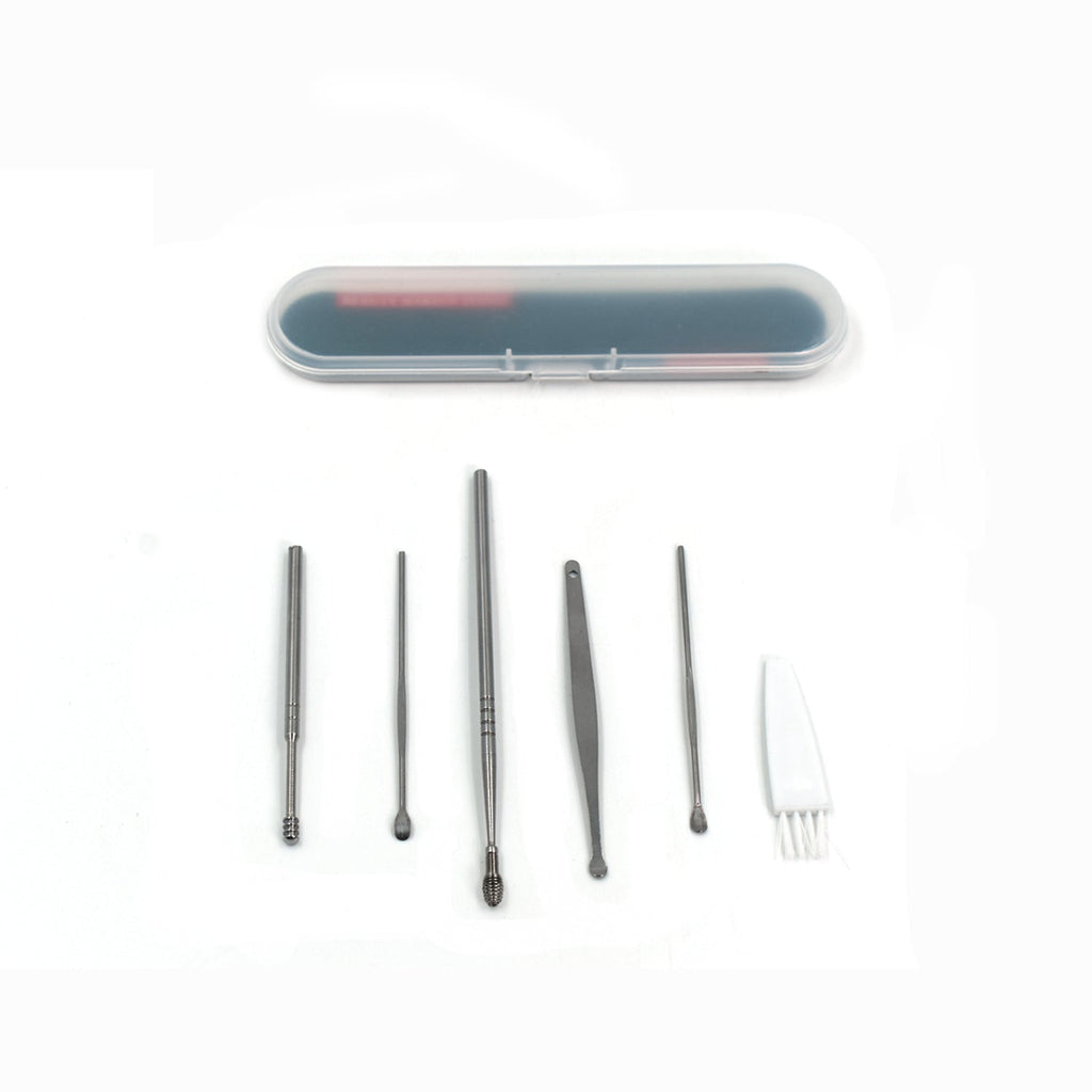 The 6-piece silver ear cleaning tool set, including a white brush, and its clear case on a white background.