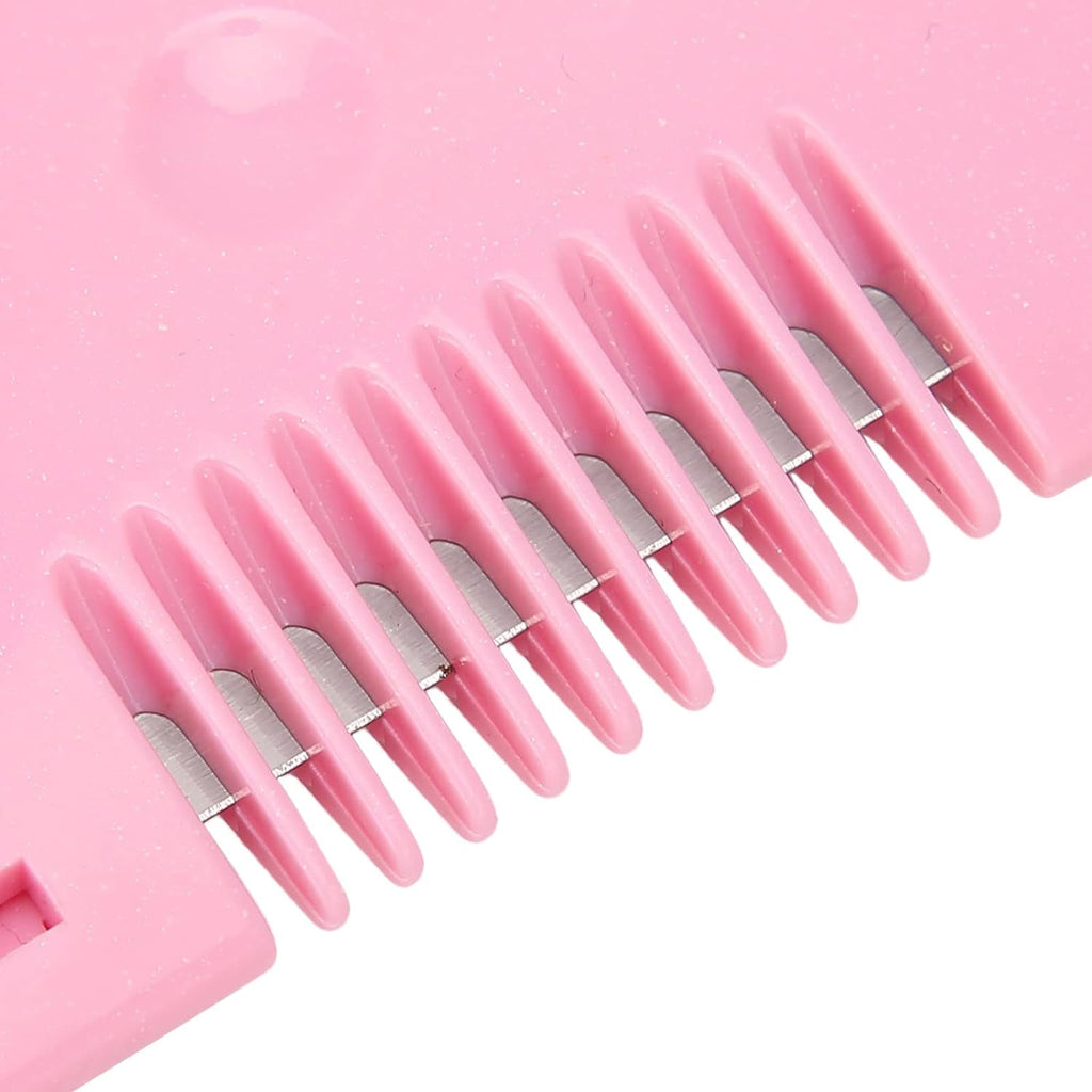 A close-up of the pink comb's teeth with silver razor blades visible between them.