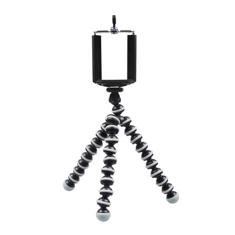 A black and white flexible tripod with a phone mount on a plain white background.