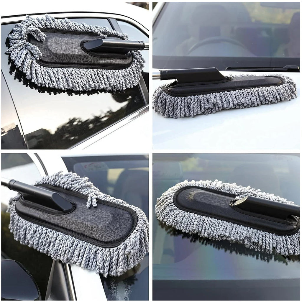 A four-panel image showing the gray microfiber car duster cleaning various parts of a car, including windows and hood.