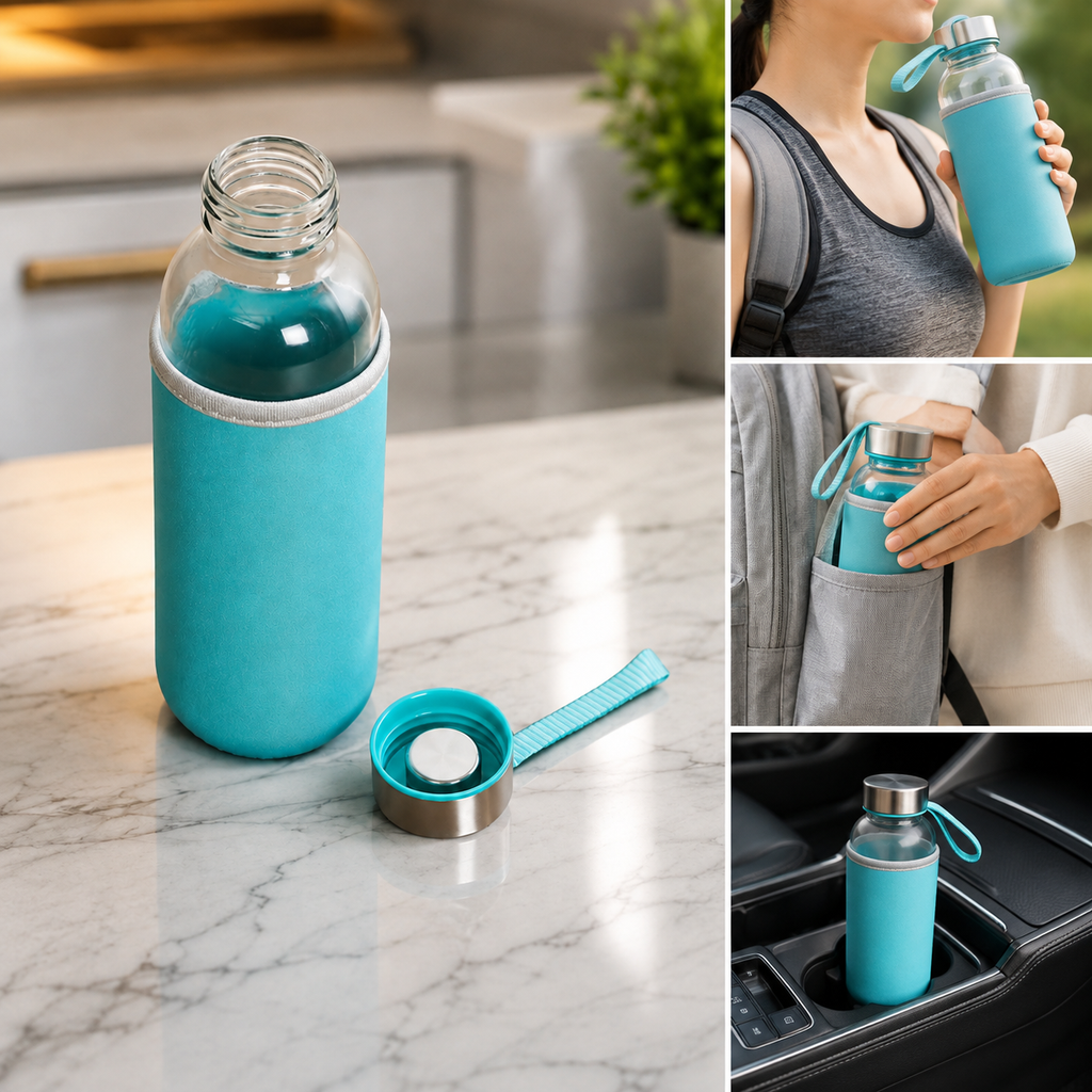 A clear glass bottle with a turquoise sleeve and matching lid, shown in various lifestyle settings.