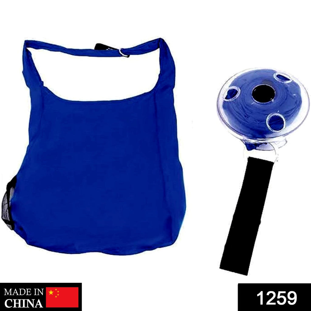 A blue reusable shopping bag is shown next to its clear round dispenser with a black strap on a white background.